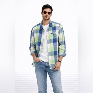 Lucky Brand Men’s Plaid Button Down Shirt Blue Green Size Medium